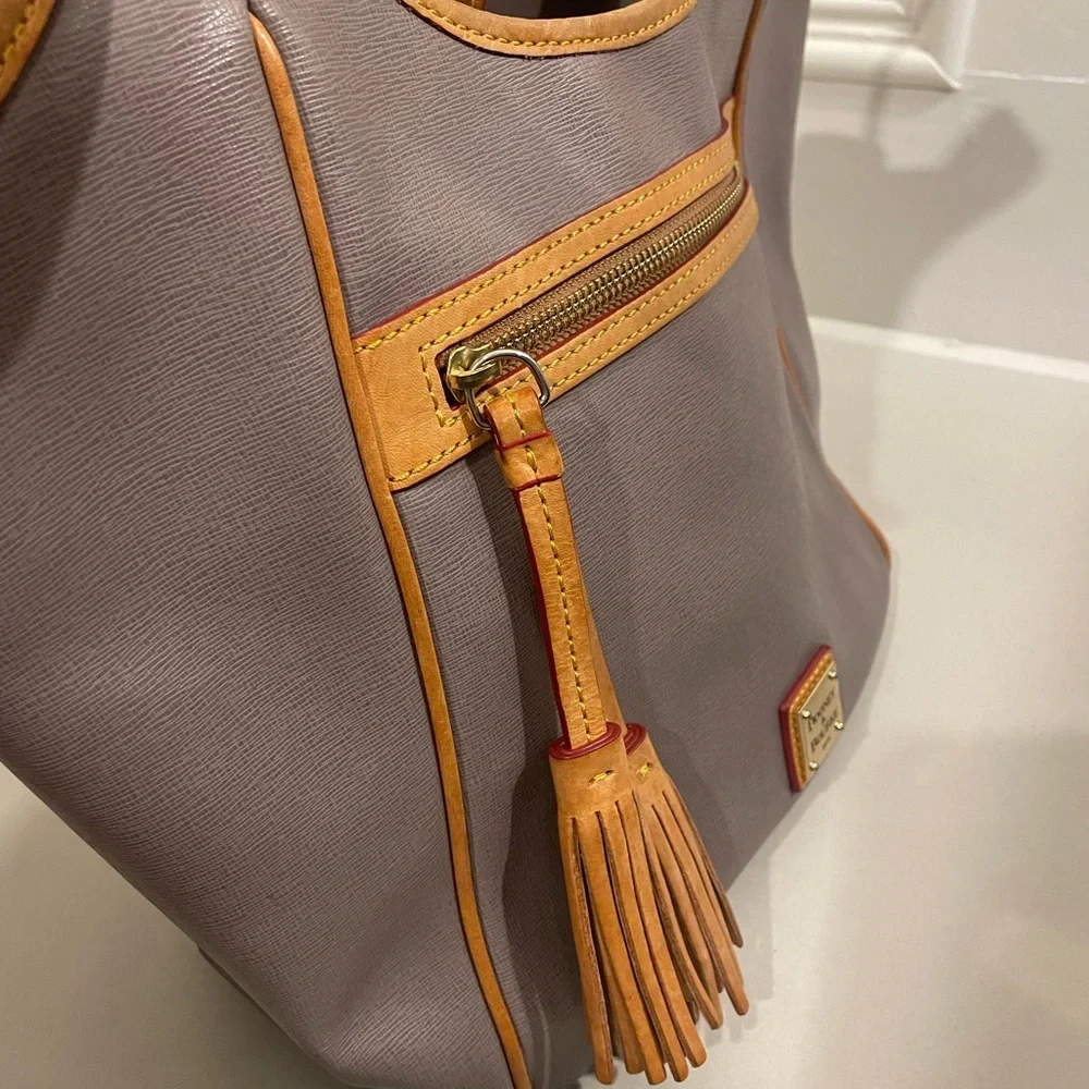 Dooney and Bourke gray & tan leather double strap zipper tassel shoulder bag - Picture 6 of 16